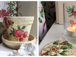 Decoupage-tehnikas klaas, lillepott ja klaasialused